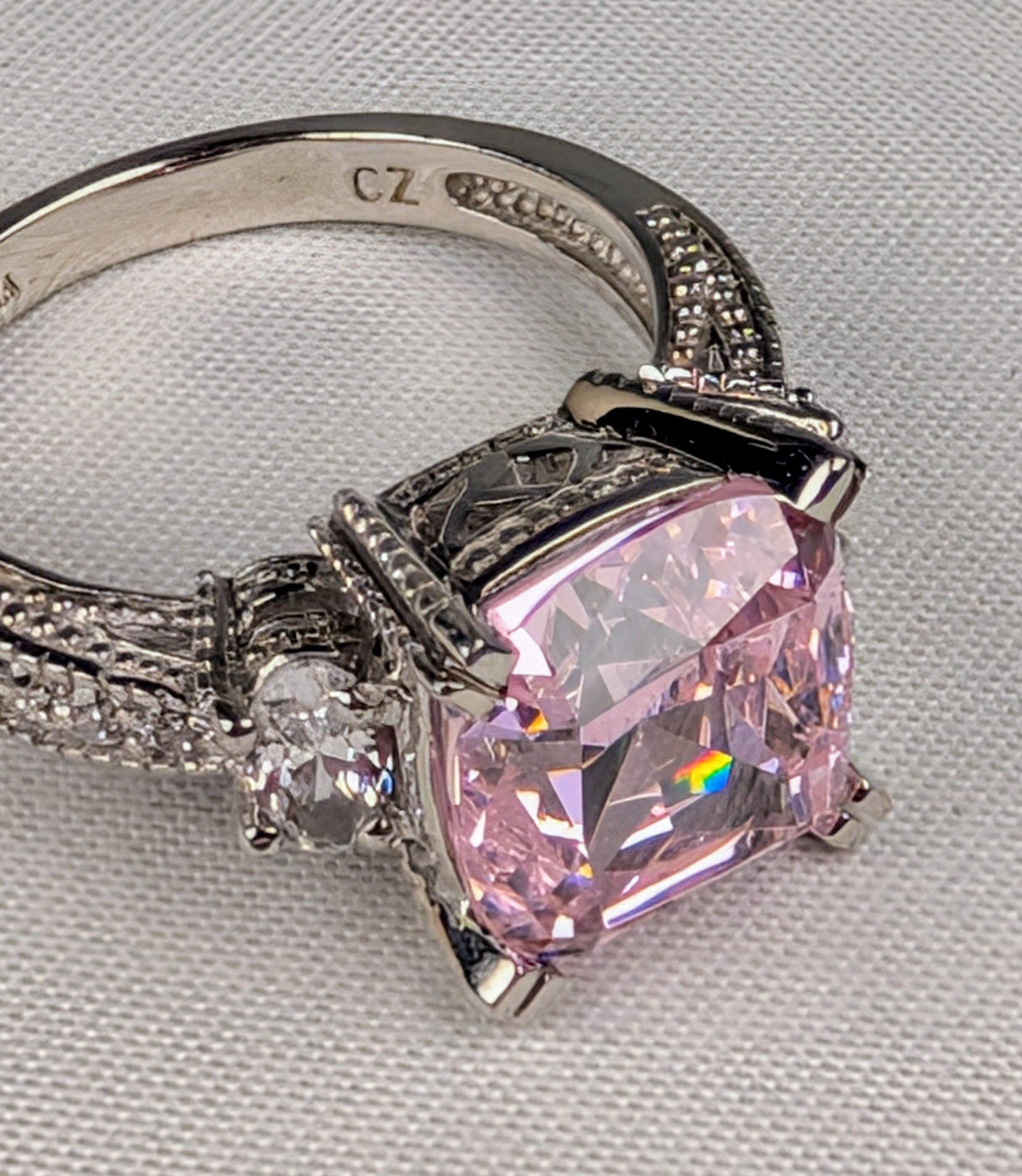 925 Sterling Silver Pink CZ Statement Ring Size 7 Vintage-Inspired Cocktail Ring