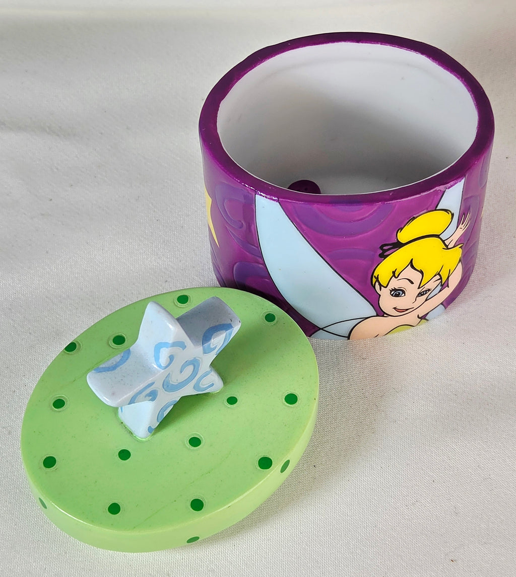 Disney Tinker Bell Happy Thoughts Trinket Box Purple Green Star Lid Fairy Keepsake Box 3"
