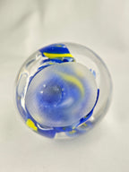Glass Art Paperweight Orb Blue Yellow Swirl Clear Handblown Style 3.5 Inch Display Piece