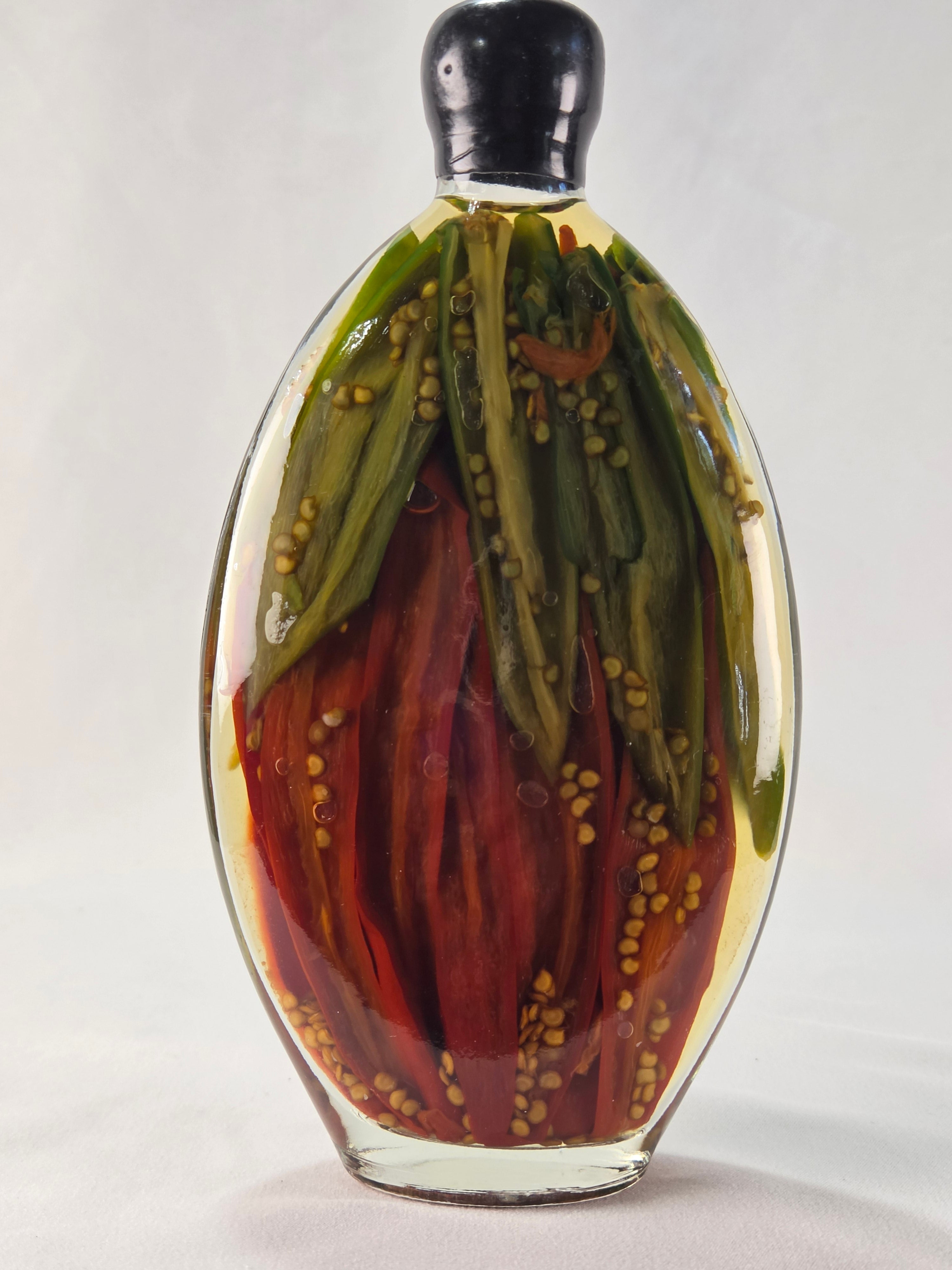 Vintage Decorative Pepper Bottle | Preserved Chili Peppers in Oil | Folk Art Kitchen Decor | 7.5" Glass Bottle