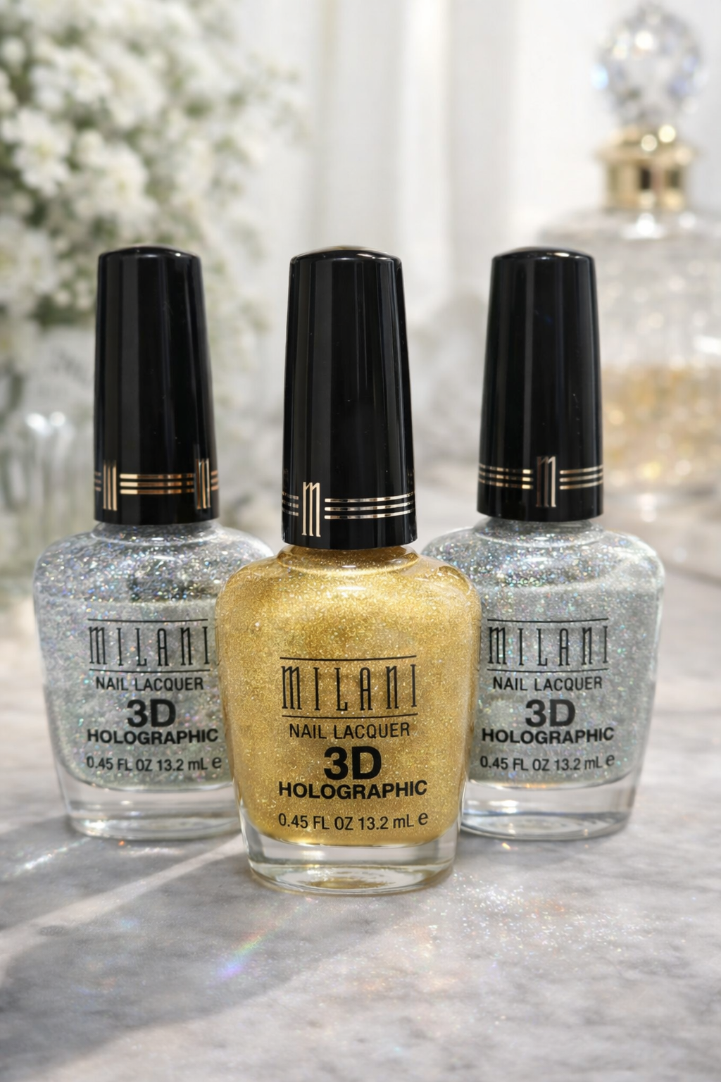 Milani 3D Holographic Nail Lacquer Set – Shades 509 HD, 510 3D Gold, 511 Hi-Tech – Discontinued Holographic Nail Polish Trio