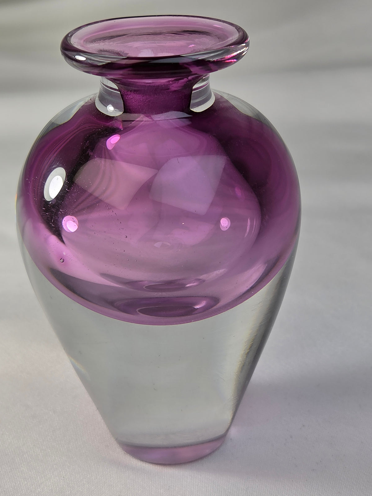 Vintage Signed R. Strand Swedish Art Glass Bud Vase 3.5" Amethyst Purple Clear MCM