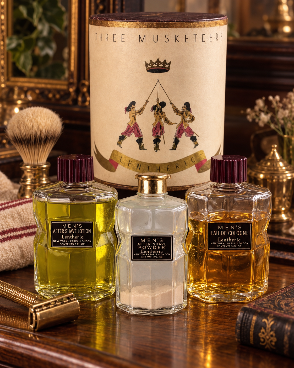 Vintage Lentheric “Three Musketeers” Men’s Grooming Set w/ Original Presentation Box – After Shave, Cologne & Powder Collection