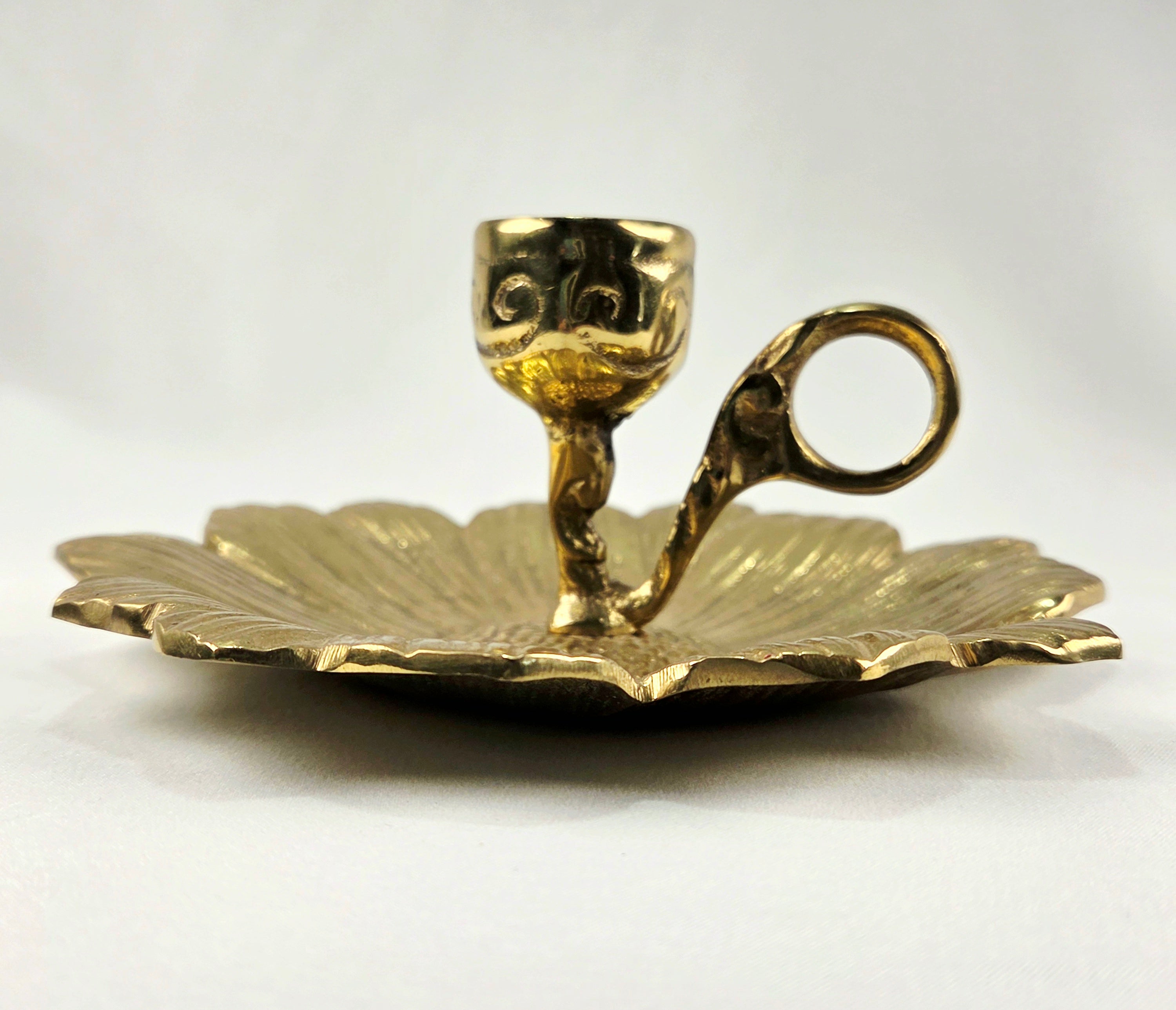 Vintage Heavy Cast Brass-Plated Floral Chamberstick Candle Holders Set of 2 | 6" Gold Tone Flower Candlesticks