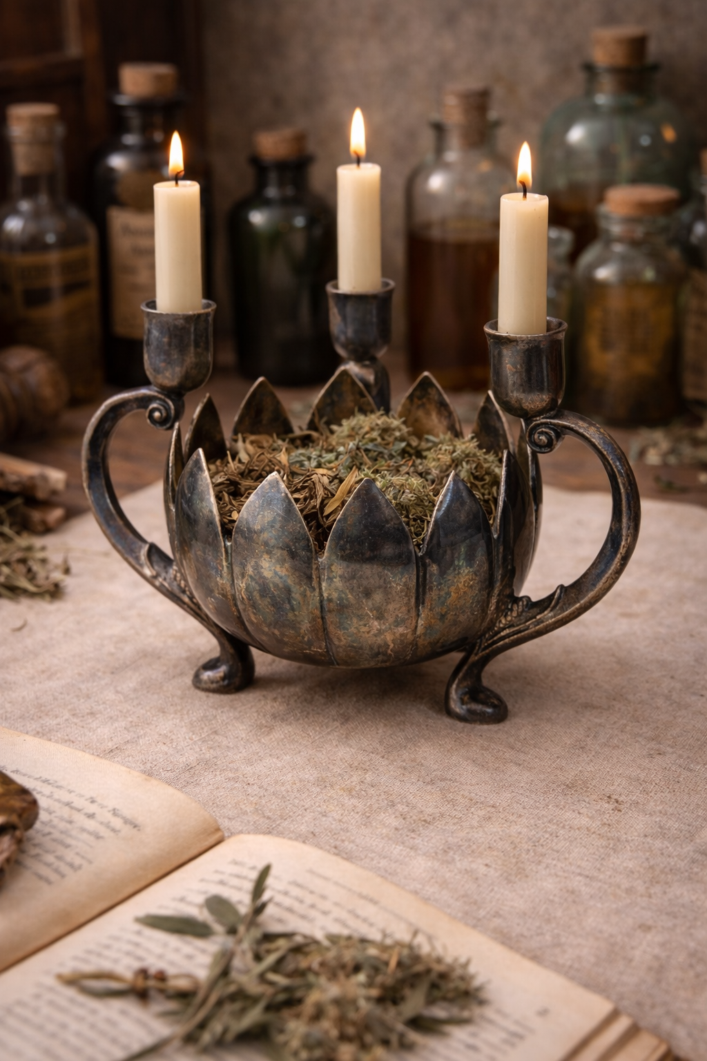 Leonard Silver Plate Lotus Candle Holder Centerpiece | Vintage Triple Arm Candelabra Bowl