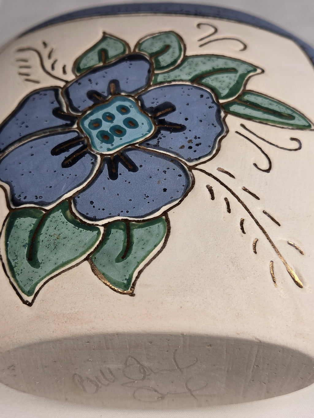 Vintage Artist-Signed Studio Pottery Floral Vase Blue Green Gold Ceramic