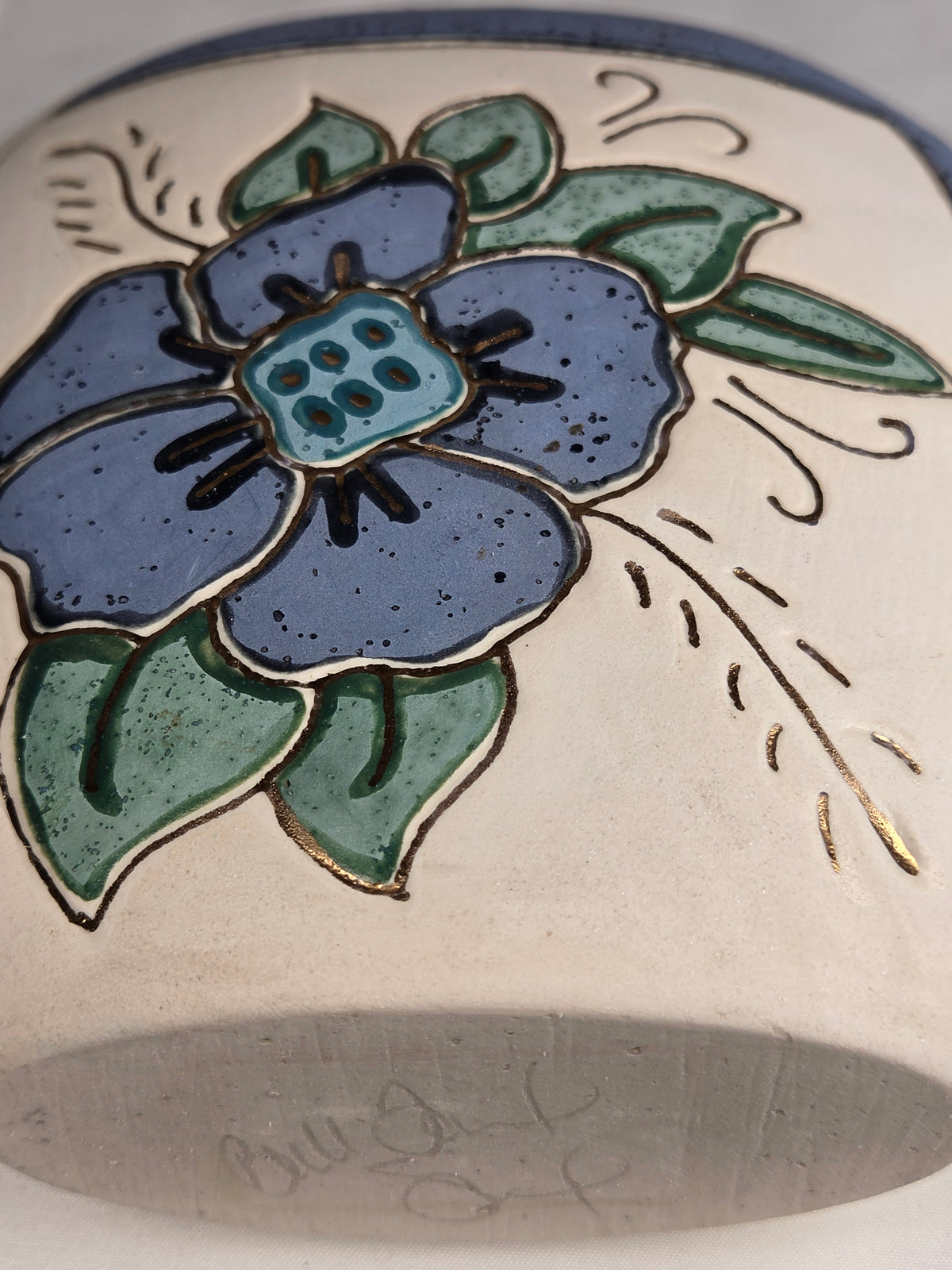 Vintage Artist-Signed Studio Pottery Floral Vase Blue Green Gold Ceramic