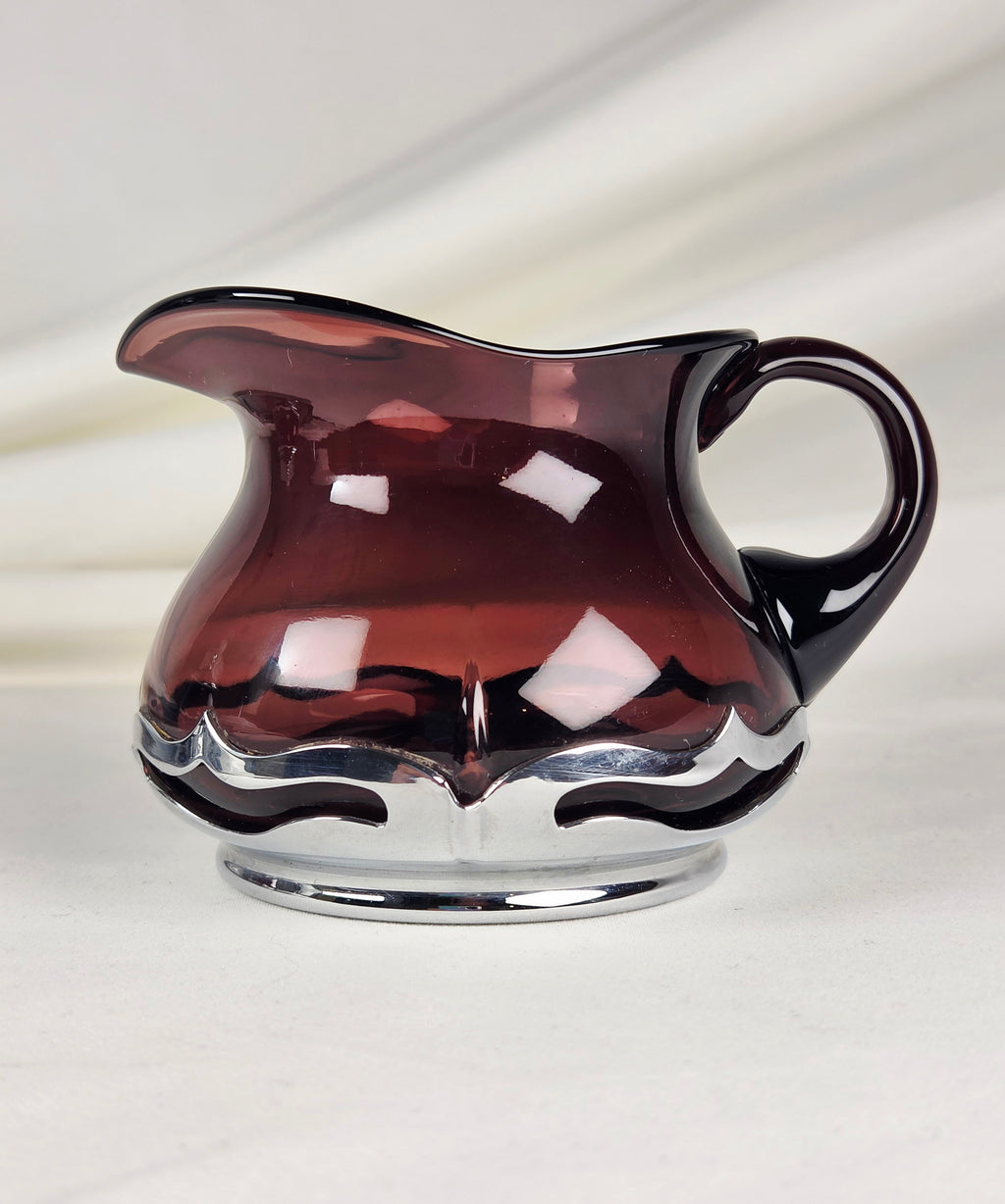 Vintage Farber Bros Krome-Kraft Amethyst Glass Creamer Sugar Bowl & Chrome Tray