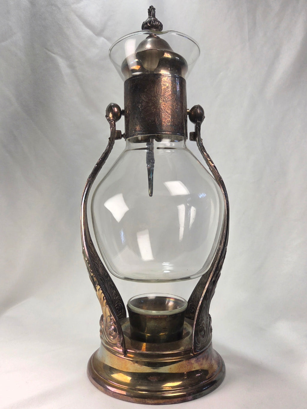 Vintage Silverplate & Glass Carafe with Warmer Base, Ornate Unmarked Coffee Tea Server, Art Deco Style Decorative Ewer