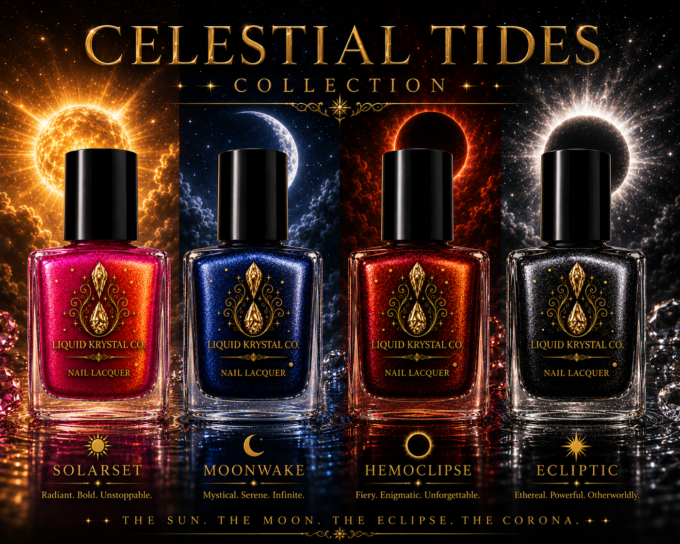 Celestial Tides Collection | NOT FOR SALE | Prototype Collection | Liquid Krystal Co. | Solarset Moonwake Hemoclipse Ecliptic