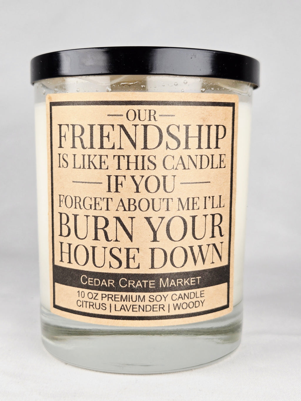 Cedar Crate Market “Our Friendship Is Like This Candle” 10 oz Premium Soy Candle Citrus Lavender Woody Funny Friendship Candle