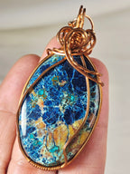 Shattuckite Azurite Stone Wire-Wrapped Pendant Necklace – Copper-Tone Chain – Blue Statement Jewelry