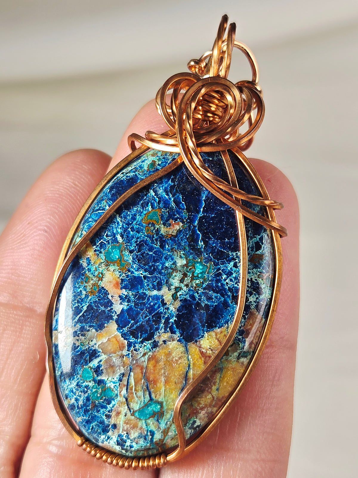 Shattuckite Azurite Stone Wire-Wrapped Pendant Necklace – Copper-Tone Chain – Blue Statement Jewelry