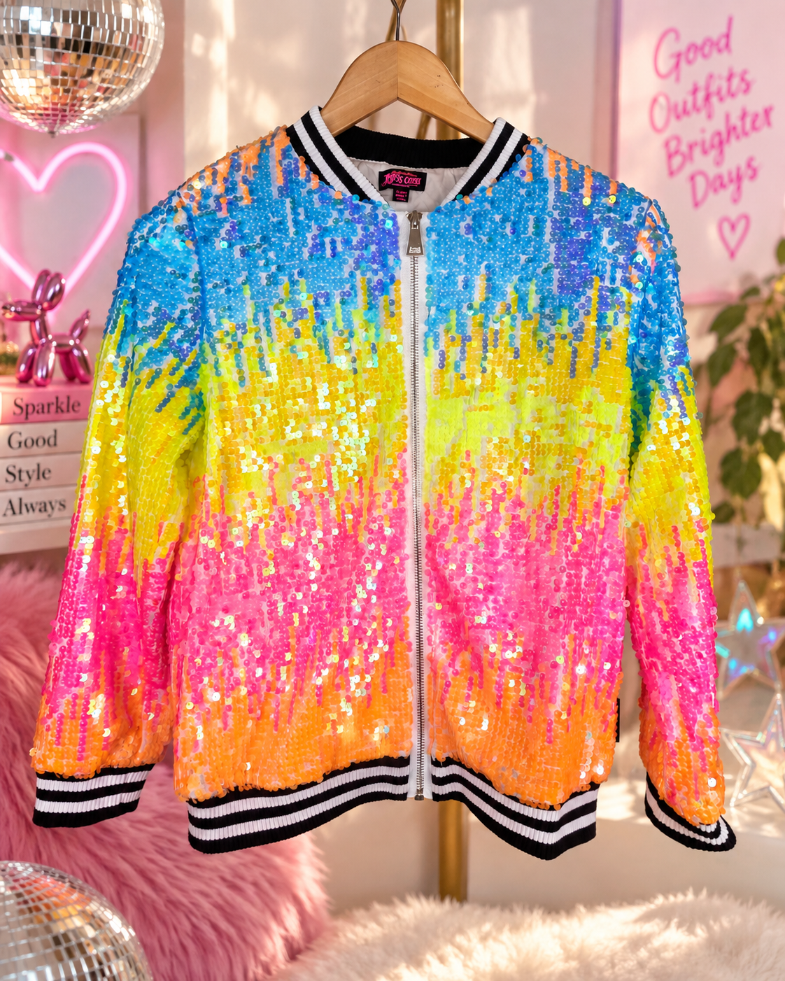JoJo’s Closet Nickelodeon Neon Rainbow Sequin Bomber Jacket — Girls XL 14/16