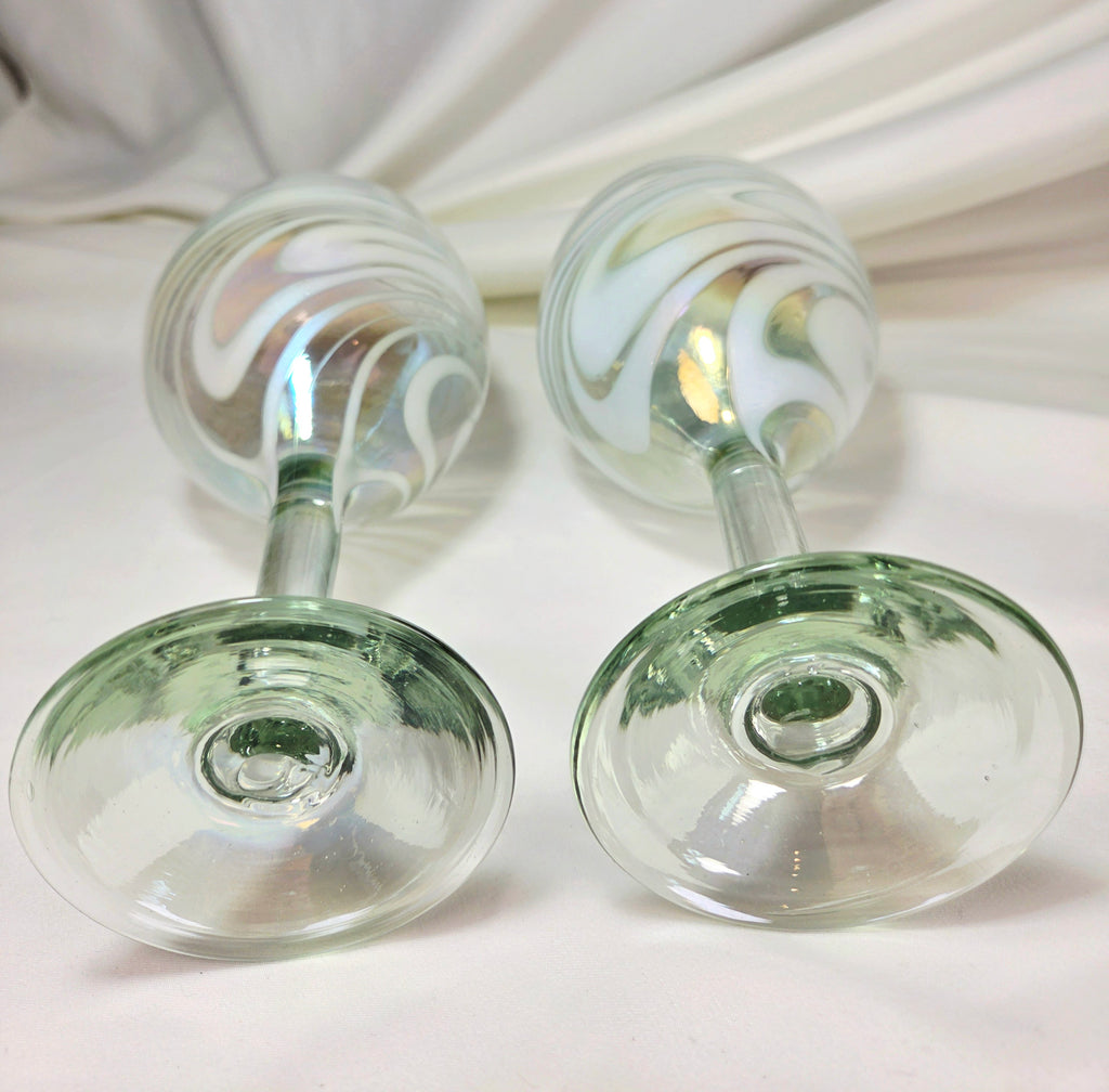 Hand Blown Art Glass Wine Goblets – White Iridescent Swirl Pair – 7.5"