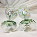 Hand Blown Art Glass Wine Goblets – White Iridescent Swirl Pair – 7.5"