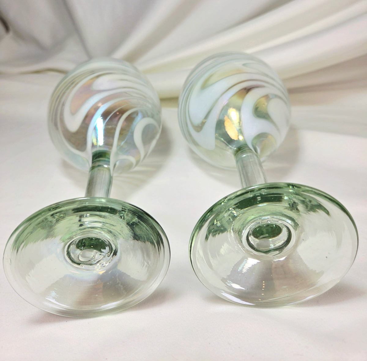 Hand Blown Art Glass Wine Goblets – White Iridescent Swirl Pair – 7.5"