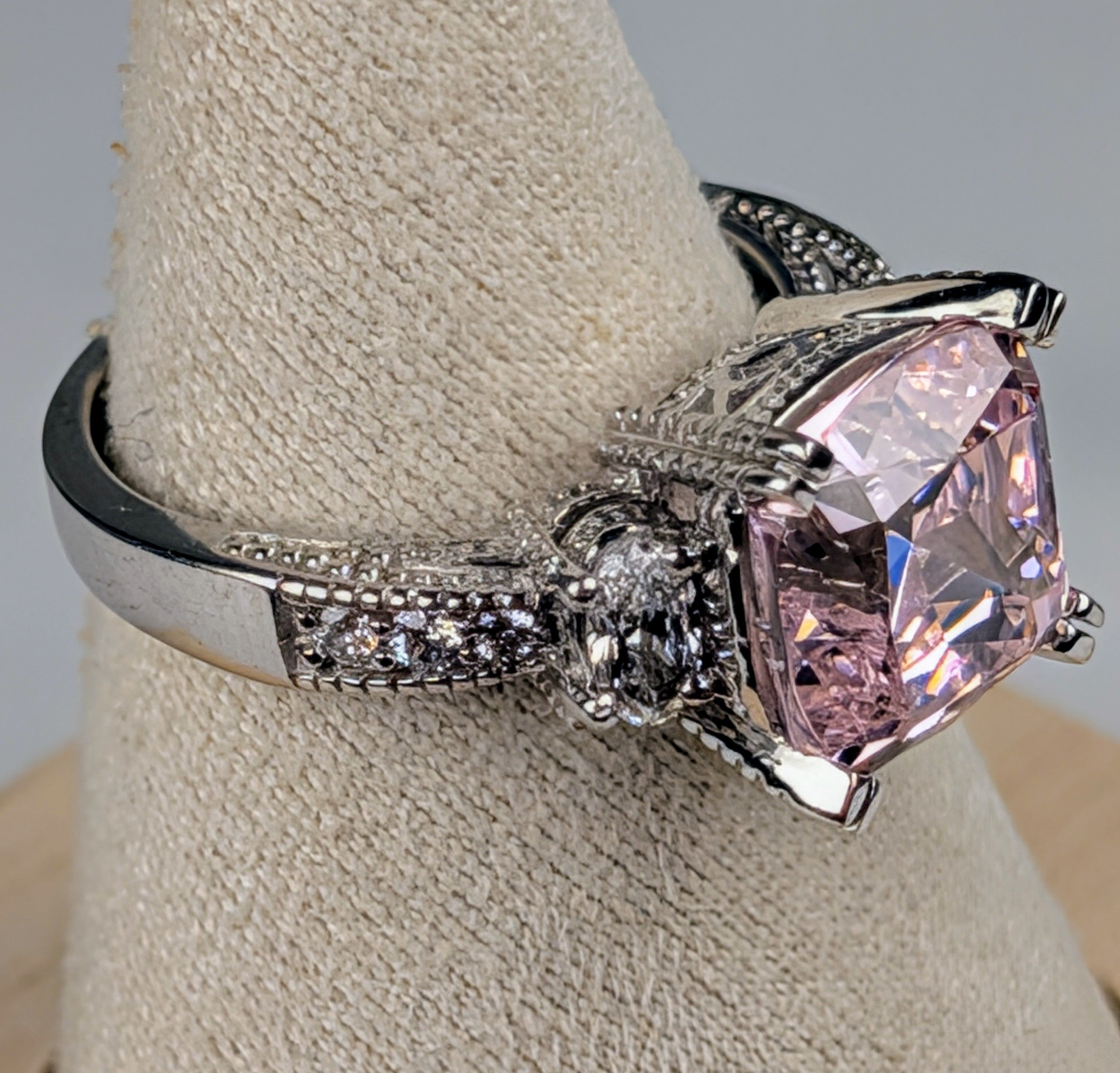 925 Sterling Silver Pink CZ Statement Ring Size 7 Vintage-Inspired Cocktail Ring