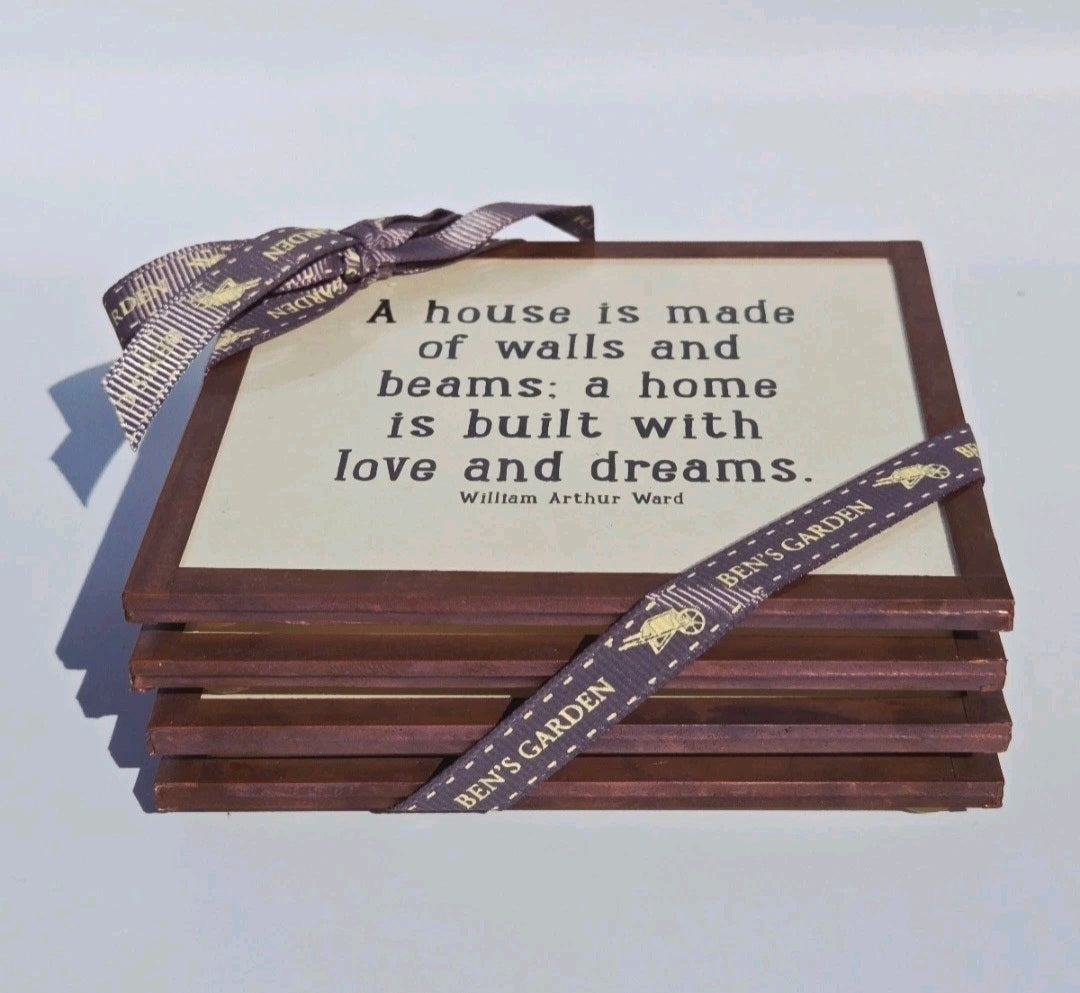 Ben’s Garden New York Copper Framed Quote Coasters Set – “A House Is Made of Walls and Beams” Inspirational Home Decor