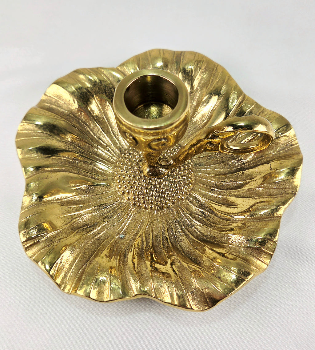 Vintage Heavy Cast Brass-Plated Floral Chamberstick Candle Holders Set of 2 | 6" Gold Tone Flower Candlesticks
