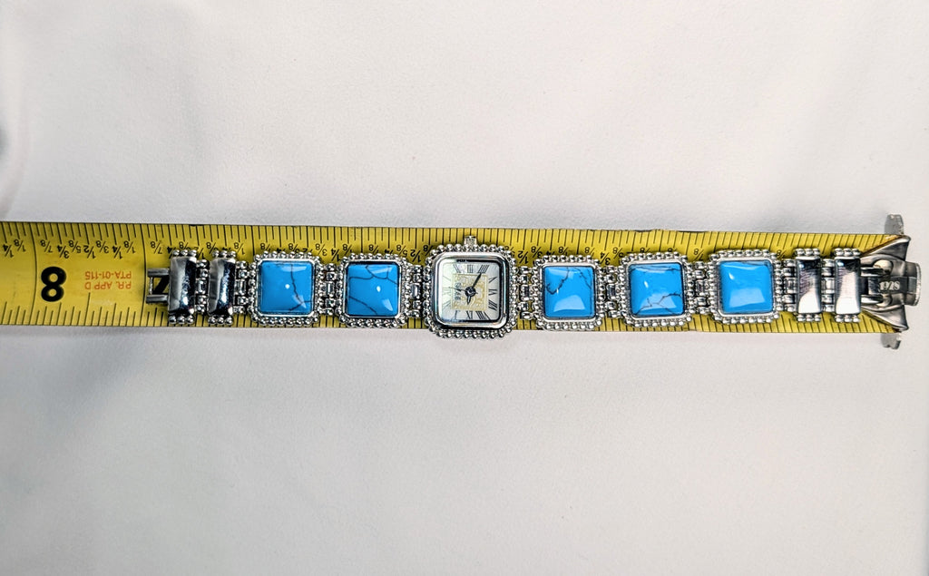Vintage 1928 Turquoise Style Bracelet Watch Southwestern Beaded Silver Tone