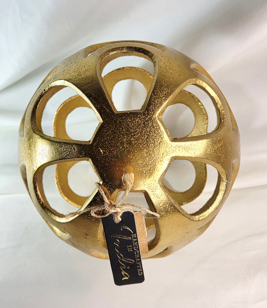 Handcrafted Gold Metal Openwork Orb Sculpture 8" Decorative Sphere India