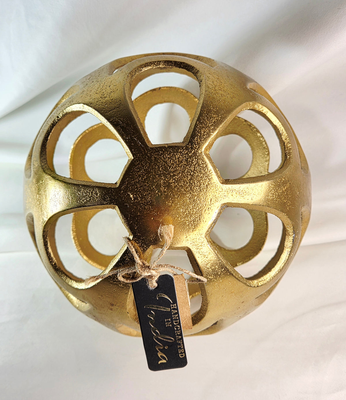 Handcrafted Gold Metal Openwork Orb Sculpture 8" Decorative Sphere India