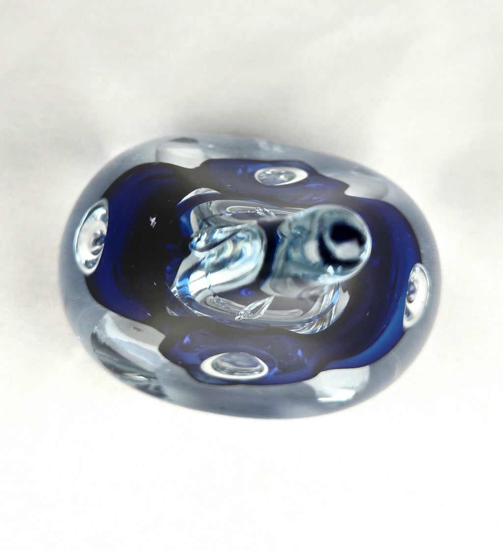 Signed AJ Blue Art Glass Teardrop Paperweight — Cobalt Core Handblown Studio Glass Sculpture -6.5"