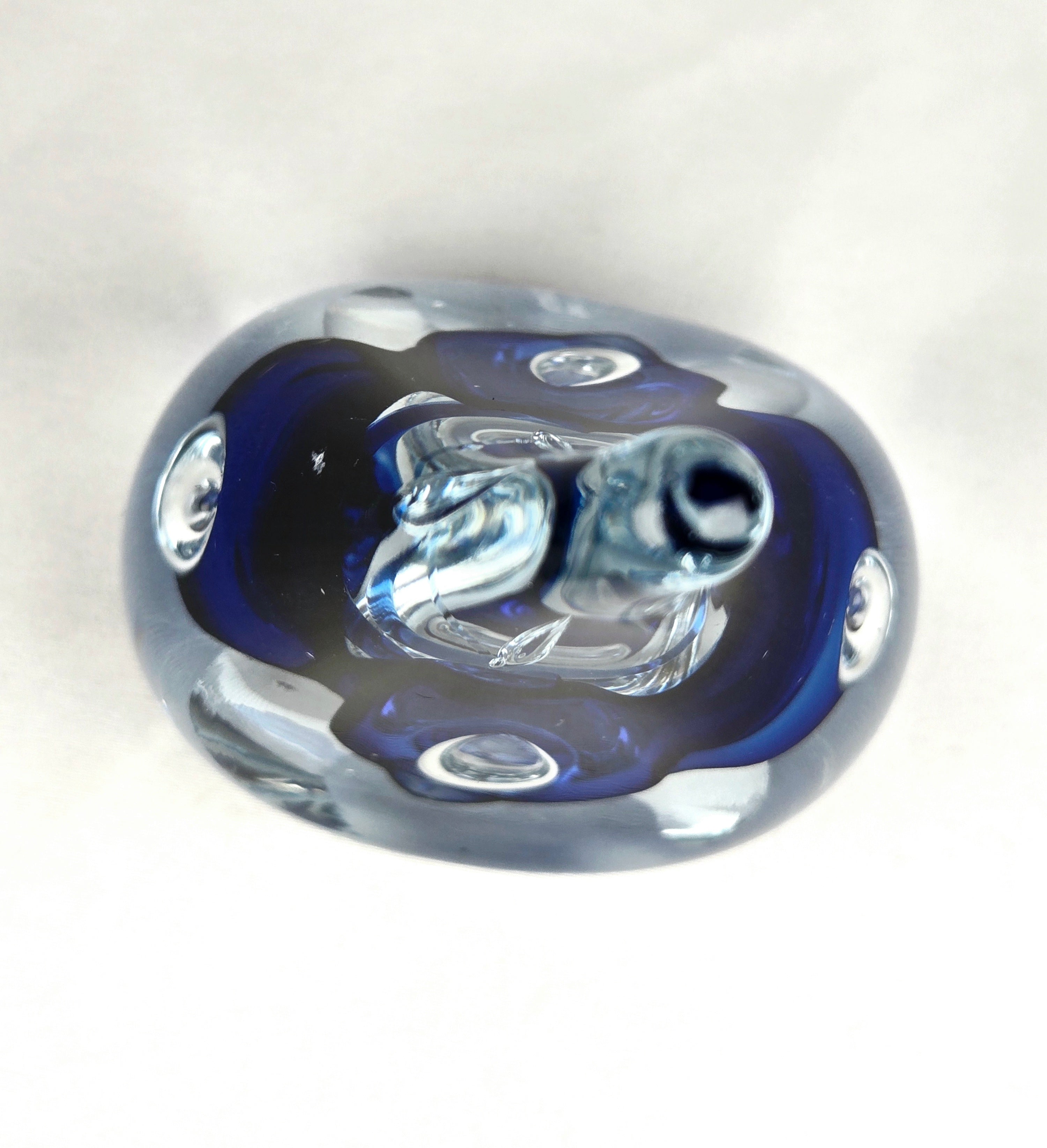 Signed AJ Blue Art Glass Teardrop Paperweight — Cobalt Core Handblown Studio Glass Sculpture -6.5"
