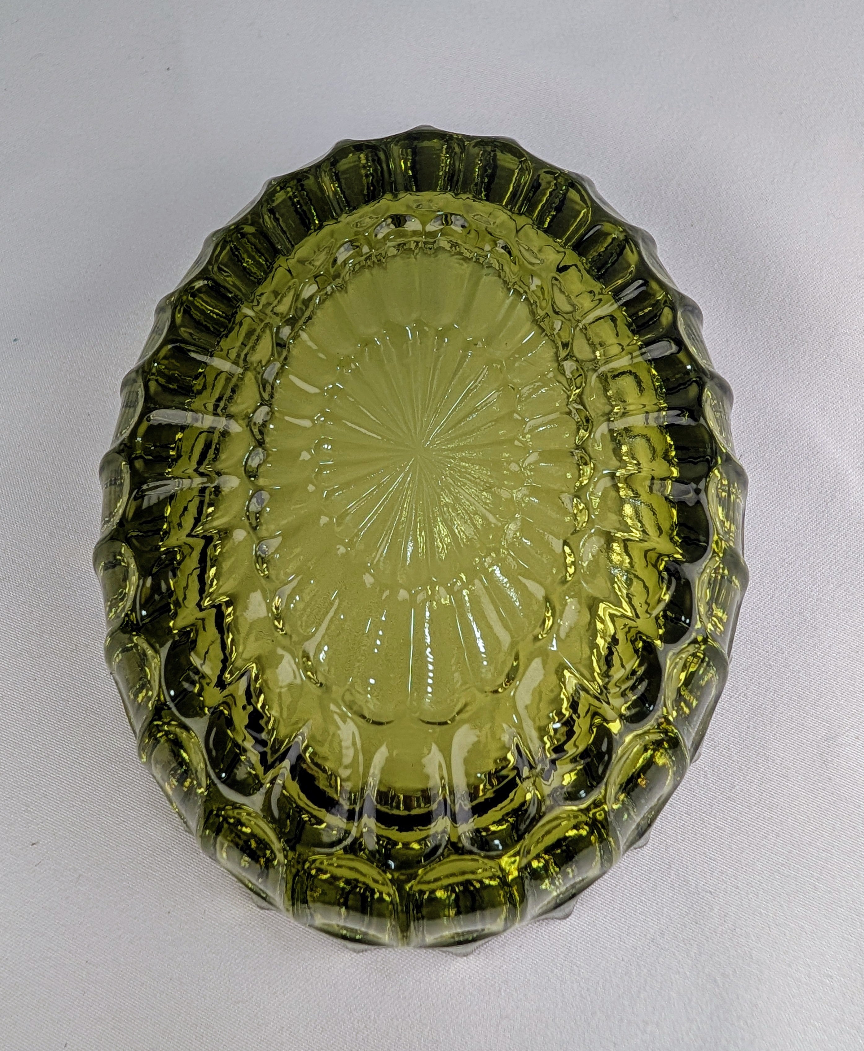 Vintage Olive Green Frostia Style Pressed Glass Trinket Dish Catchall Bowl Ashtray