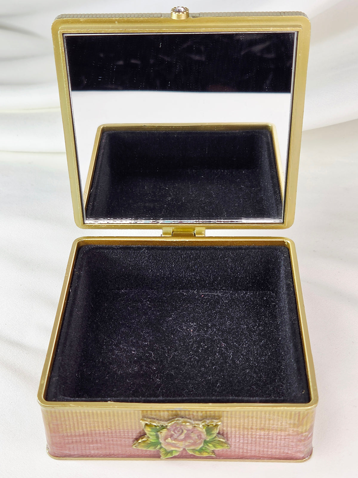 Ornate Floral Enamel Mirrored Jewelry Box Raised Rose Rhinestones Gold Tone Jay Strongwater Style 4"