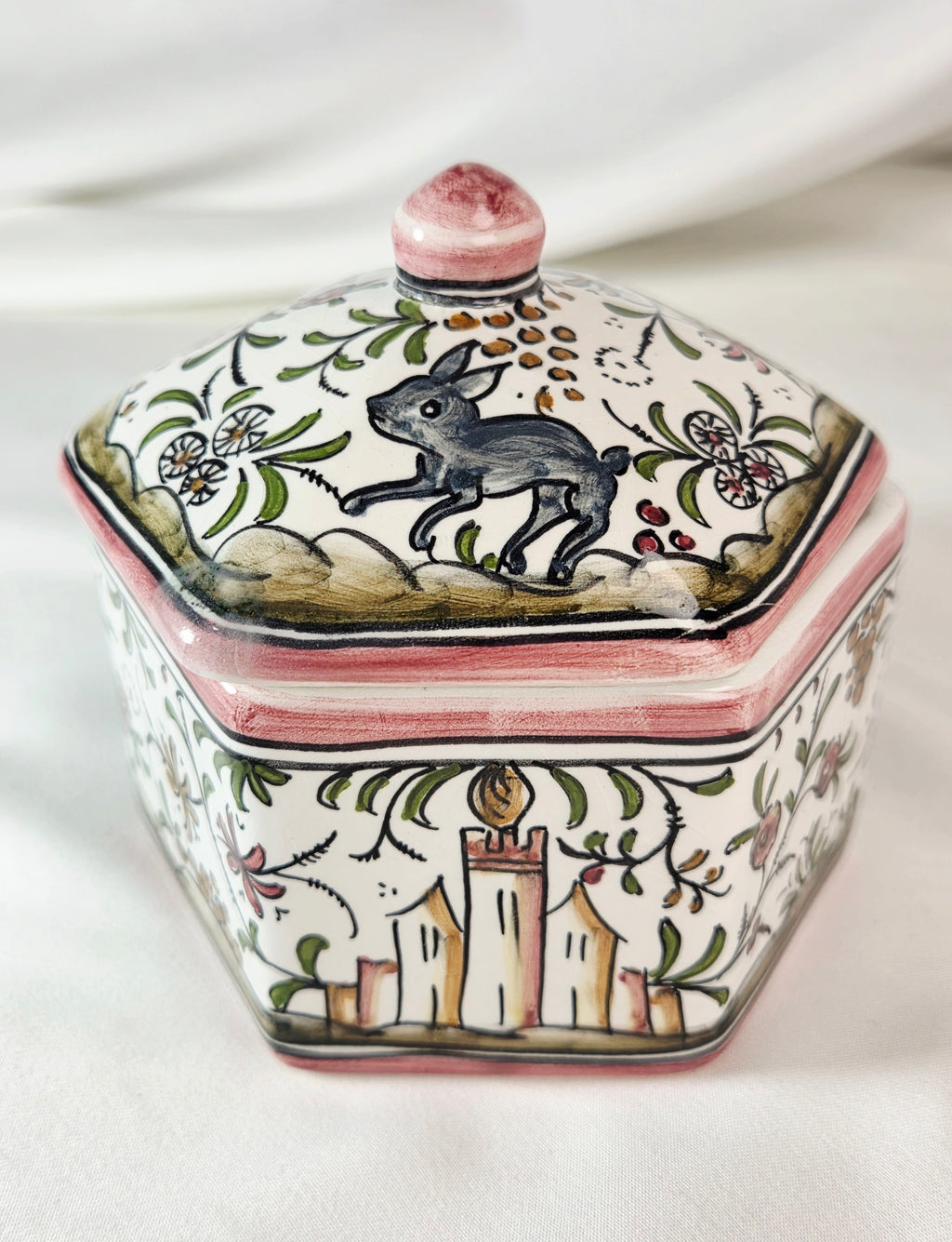 Vintage FILCER Coimbra Portugal Hand Painted Ceramic Rabbit Castle Trinket Box Hexagonal