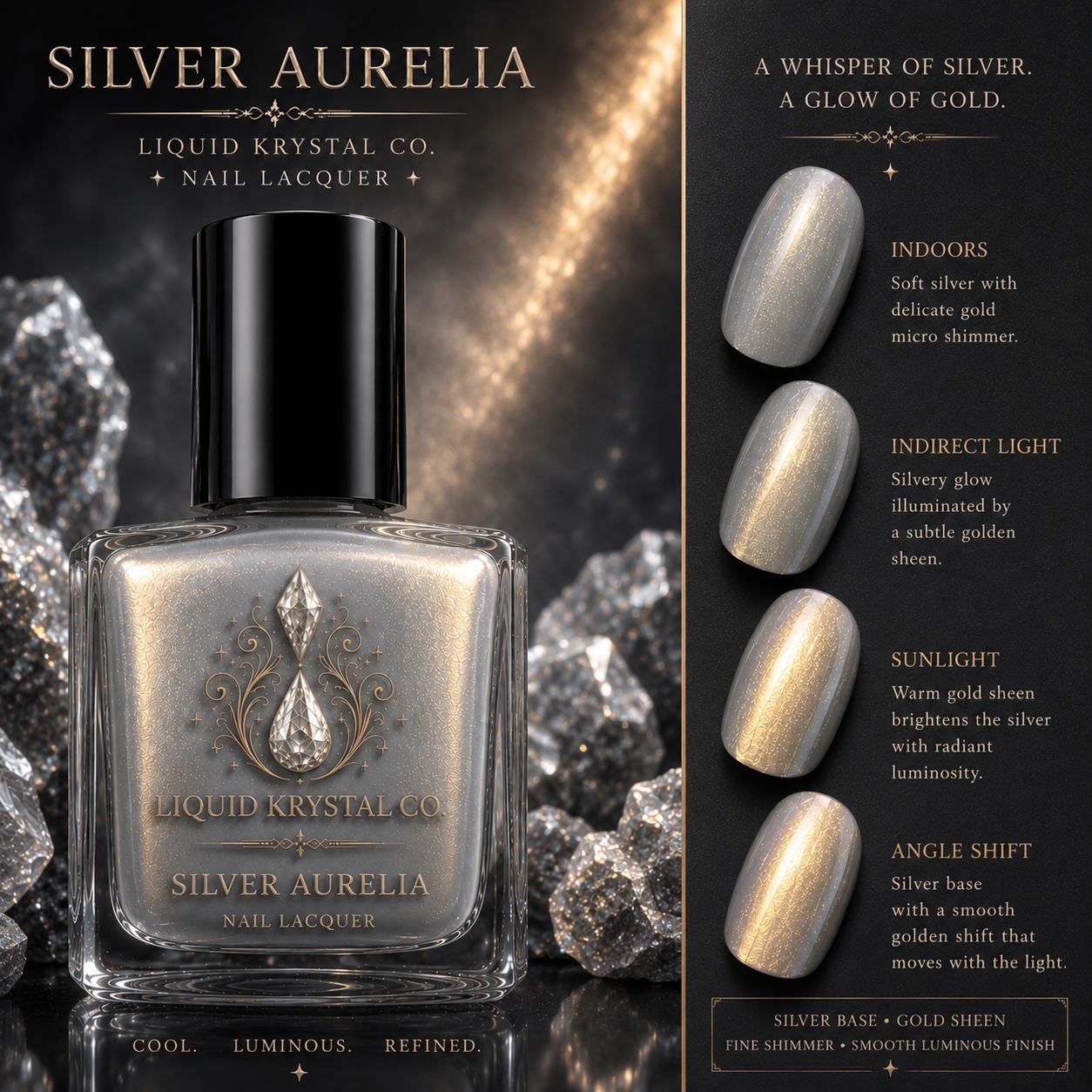 SILVER AURELIA | Silver Nail Lacquer with Golden Sheen | Liquid Krystal Co.
