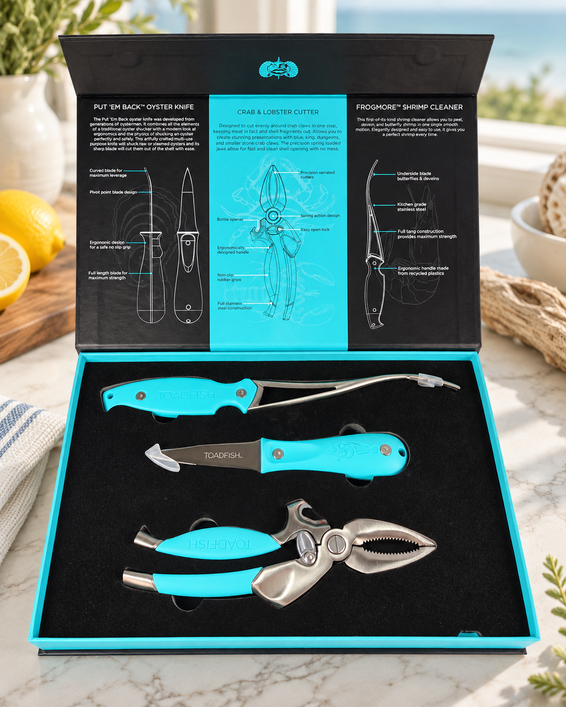 Toadfish Coastal Kitchen Collection 3 Piece Seafood Tool Set Oyster Knife Crab Cutter Shrimp Cleaner