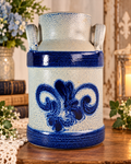 Blue & Gray Stoneware Crock Vase – Cobalt Fleur-de-Lis Double Handle Pottery