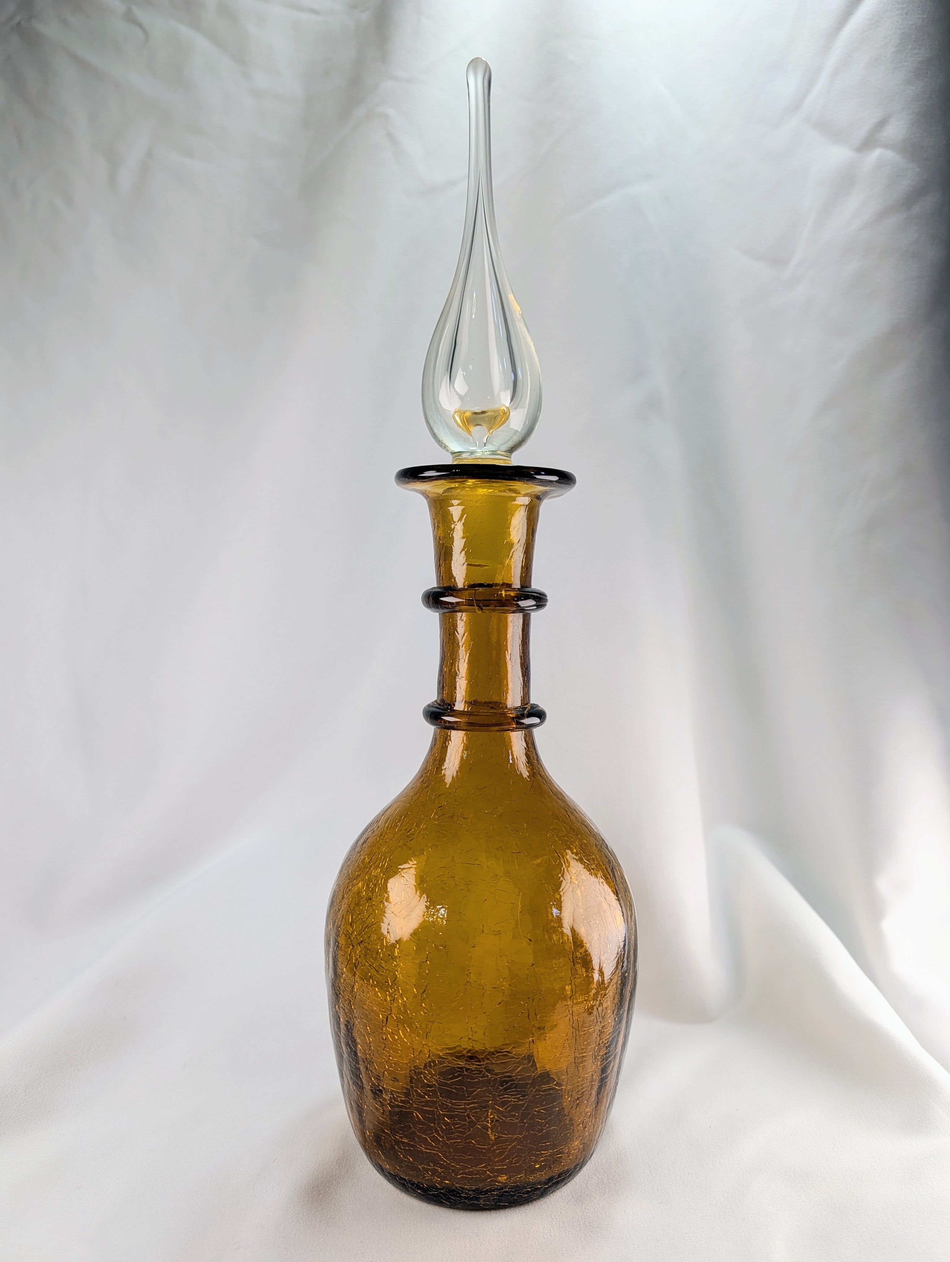 Mid Century Amber Genie Bottle Barware with Flame Stopper Art Glass Display