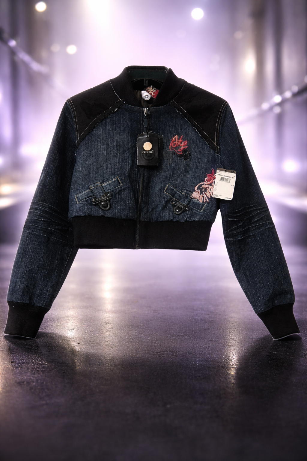 Y2K Akademiks Cropped Denim Bomber Jacket – Embroidered Buckle Detail Zip-Up