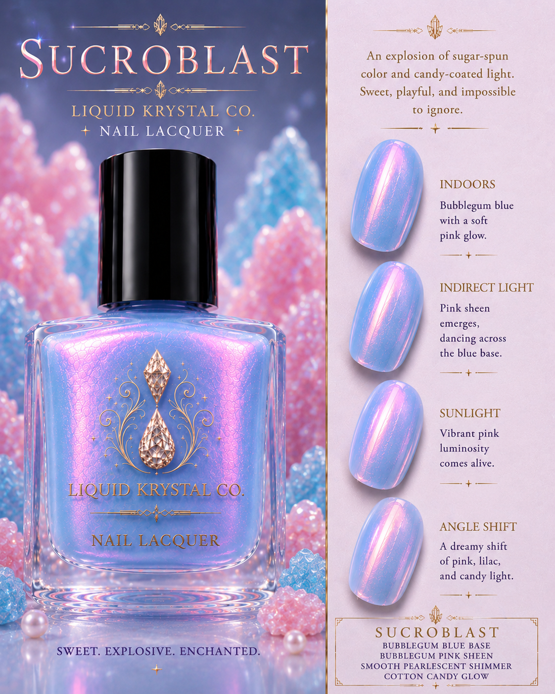 SUCROBLAST | Cotton Candy Blue Nail Lacquer with Cottan Candy Pink Sheen | Liquid Krystal Co.