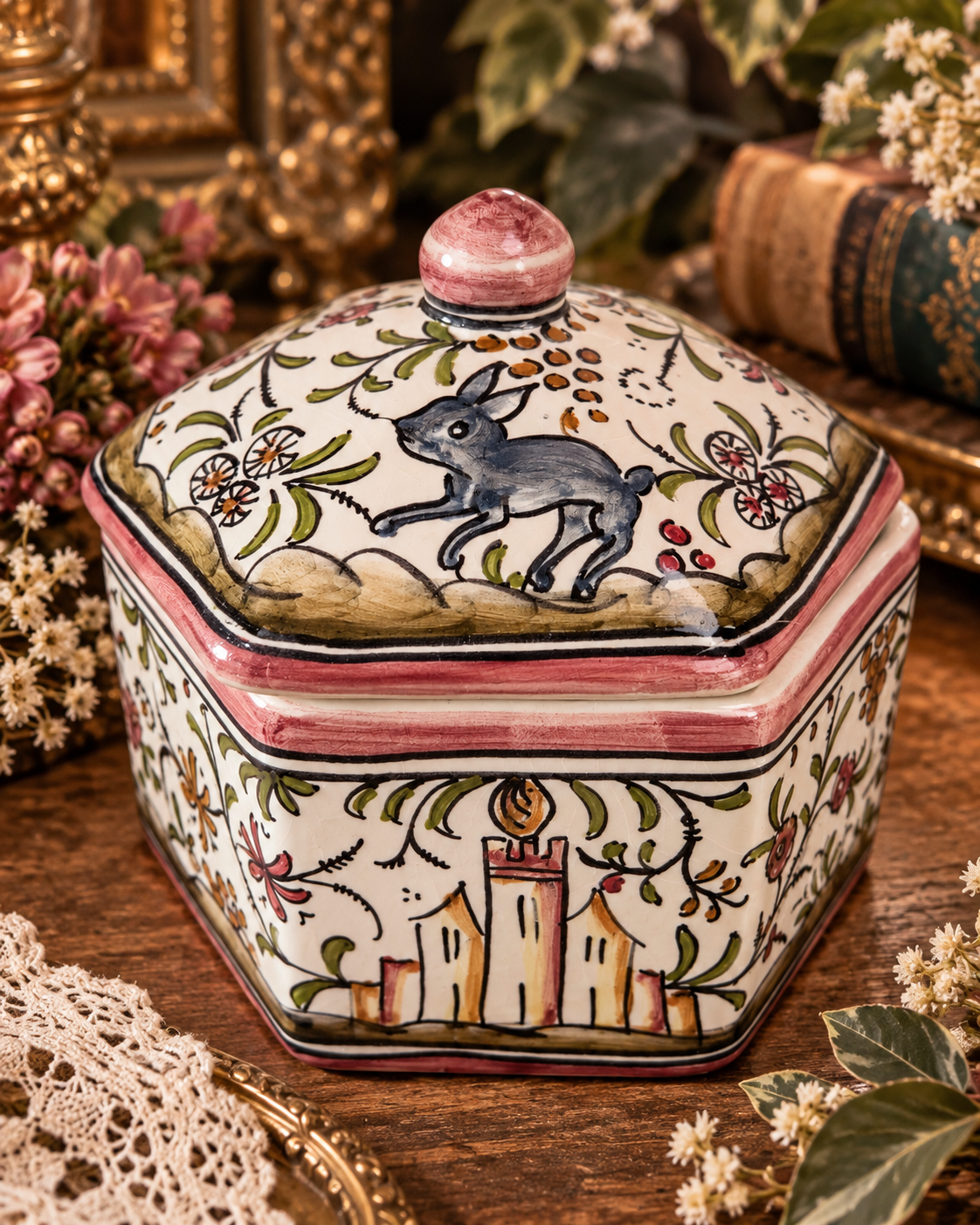 Vintage FILCER Coimbra Portugal Hand Painted Ceramic Rabbit Castle Trinket Box Hexagonal