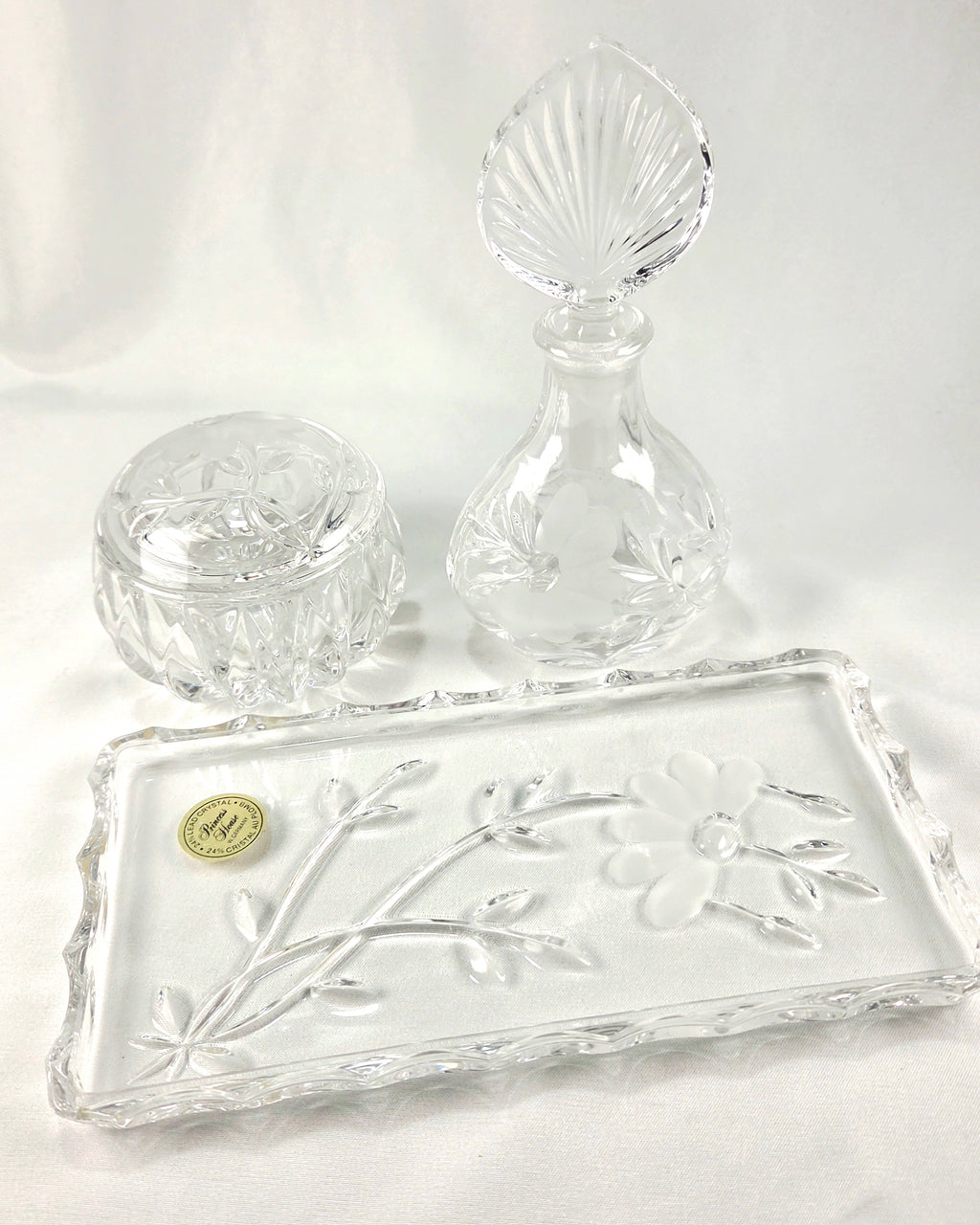 Princess House 24% Lead Crystal Vanity Set – West Germany Perfume Bottle, Trinket Box & Tray