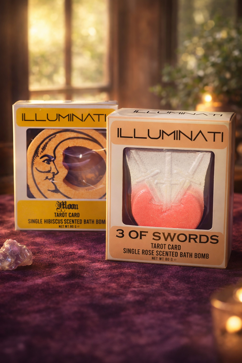 Illuminati Tarot Bath Bomb Set | Twin Arcana Ritual — Moon & 3 of Swords | Hibiscus + Rose Scented Self-Care Pair