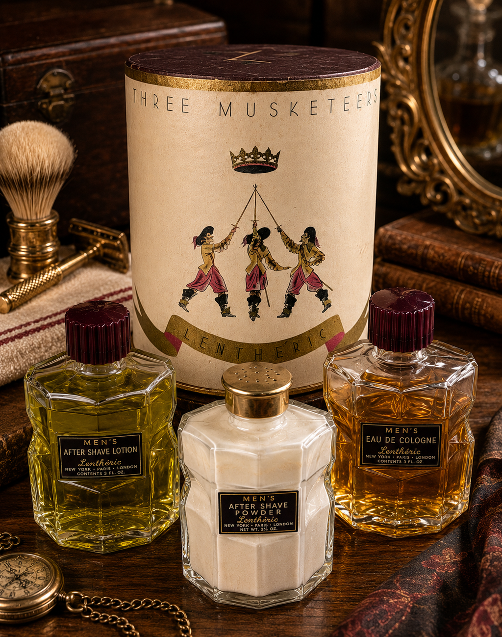 Vintage Lentheric “Three Musketeers” Men’s Grooming Set w/ Original Presentation Box – After Shave, Cologne & Powder Collection