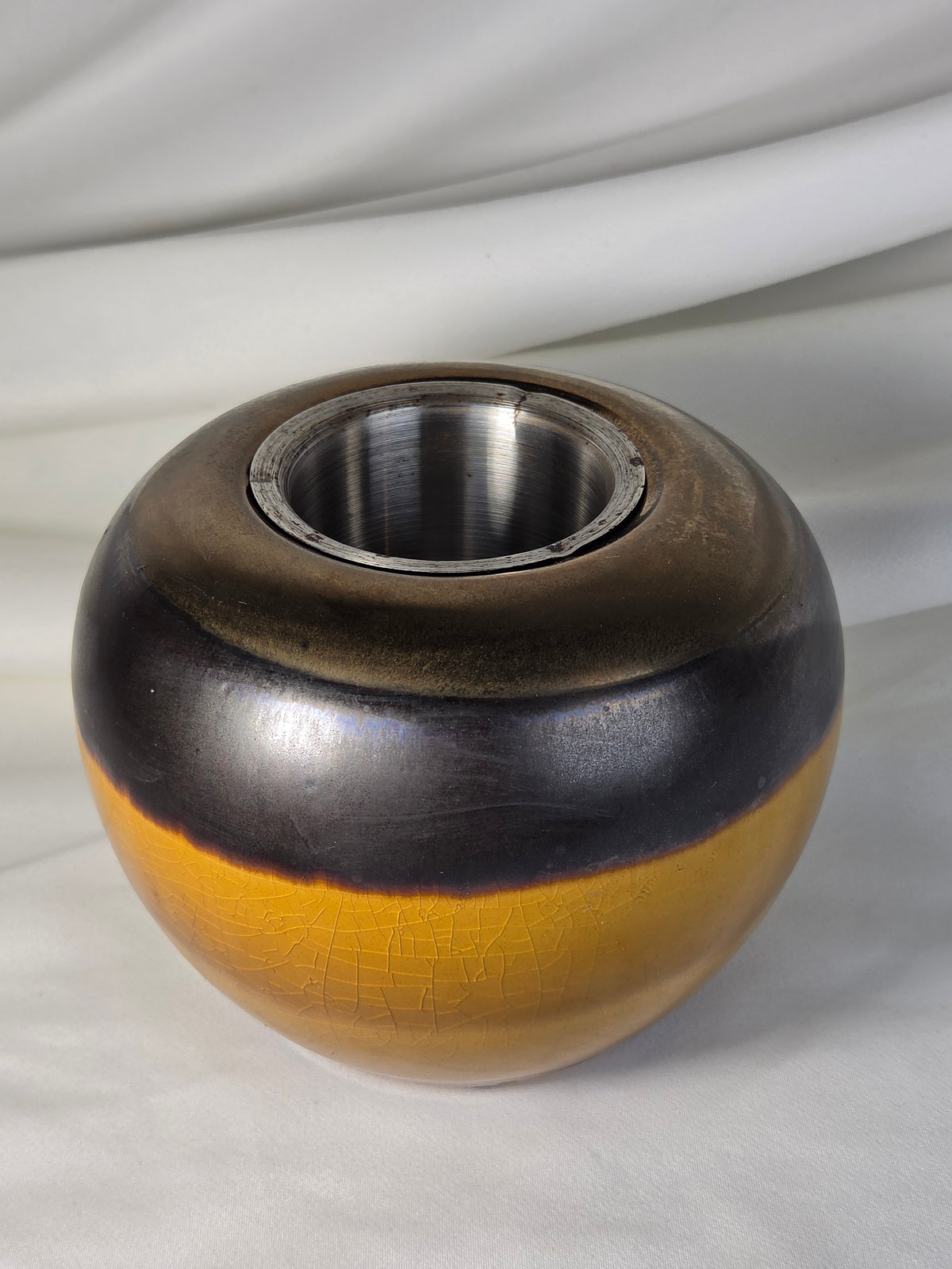 Crackle Glaze Ceramic Vessel with Removable Metal Insert Firepot