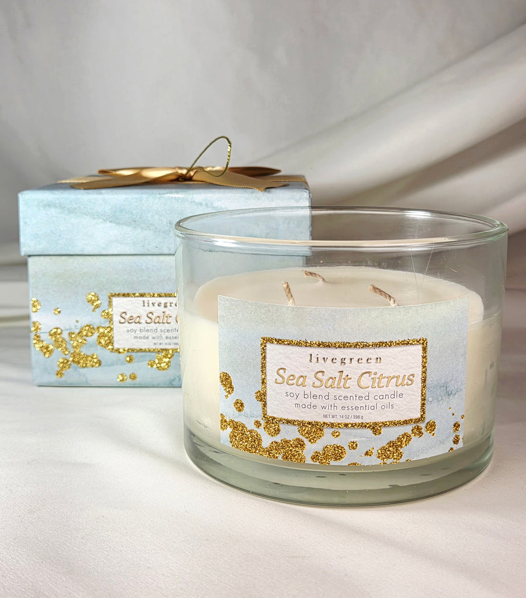 LiveGreen Sea Salt Citrus Soy Blend Candle 14 oz Three Wick Boxed Essential Oils