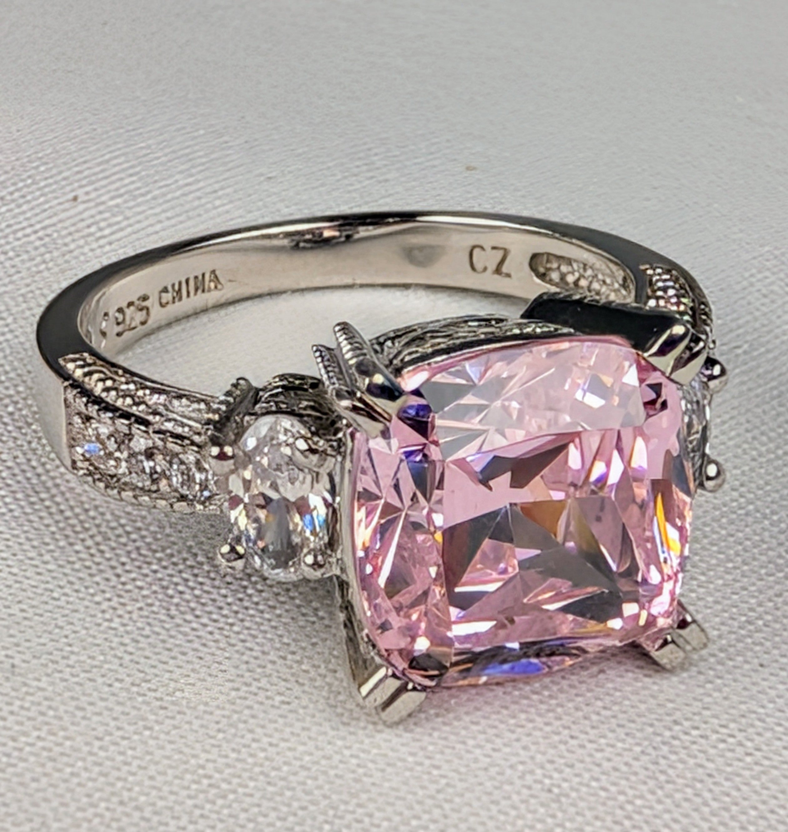 925 Sterling Silver Pink CZ Statement Ring Size 7 Vintage-Inspired Cocktail Ring