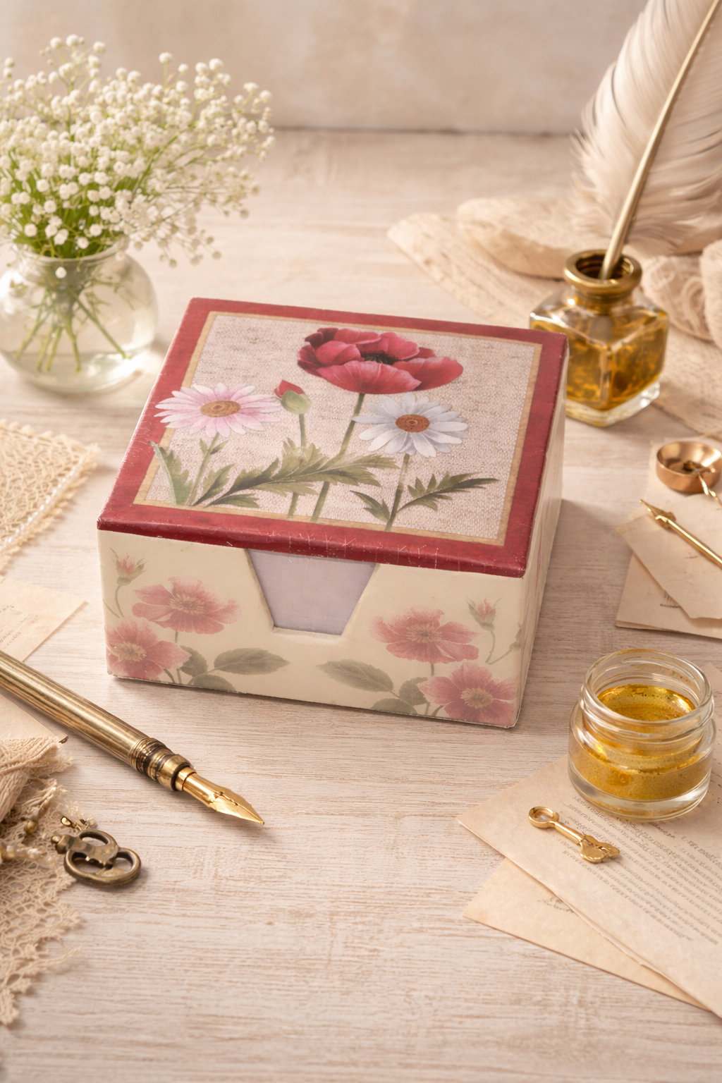 Linen Floral Notes in a Box | Decorative Floral Memo Holder | Cottage Garden Style