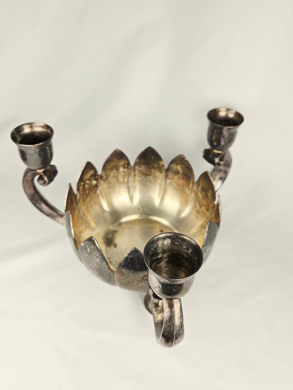 Leonard Silver Plate Lotus Candle Holder Centerpiece | Vintage Triple Arm Candelabra Bowl