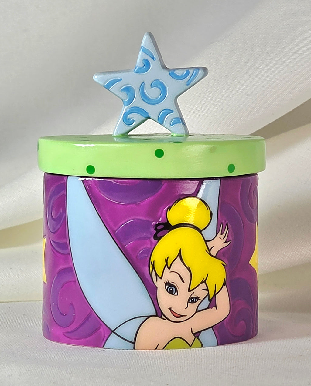 Disney Tinker Bell Happy Thoughts Trinket Box Purple Green Star Lid Fairy Keepsake Box 3"