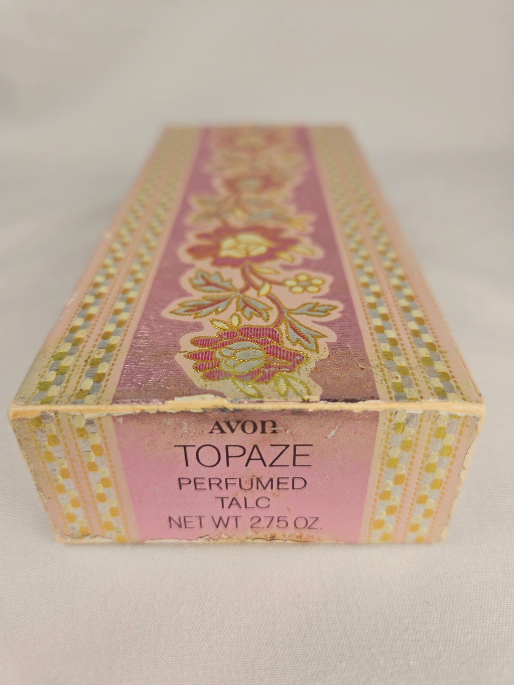 Vintage Avon Topaze Perfumed Talc 2.75 oz with Original Box – Appears Full Golden Fragrance Powder Collectible