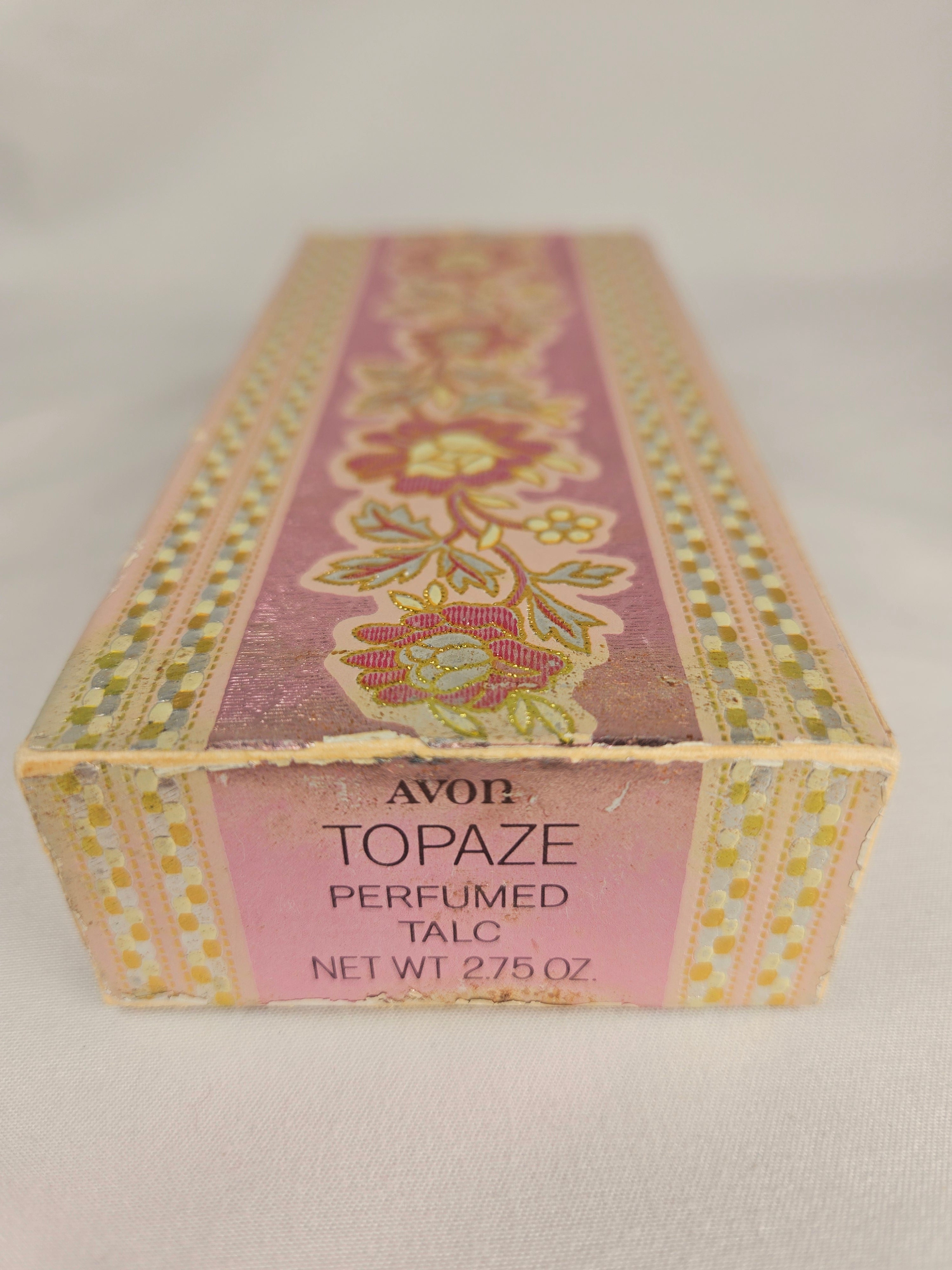 Vintage Avon Topaze Perfumed Talc 2.75 oz with Original Box – Appears Full Golden Fragrance Powder Collectible